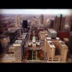 View of downtown St. Louis from the top of the Arch, Photo taken on iPhone 4s and edited in Instagram photo app, including radial tilt-shift blur effect to create the 