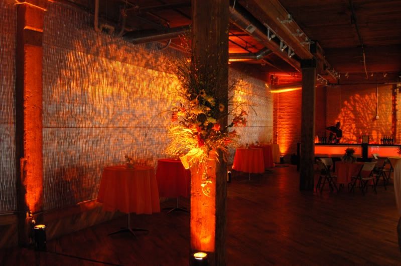 Fall Wedding Location Dumbo Loft Lights used up lights in orange gobo 