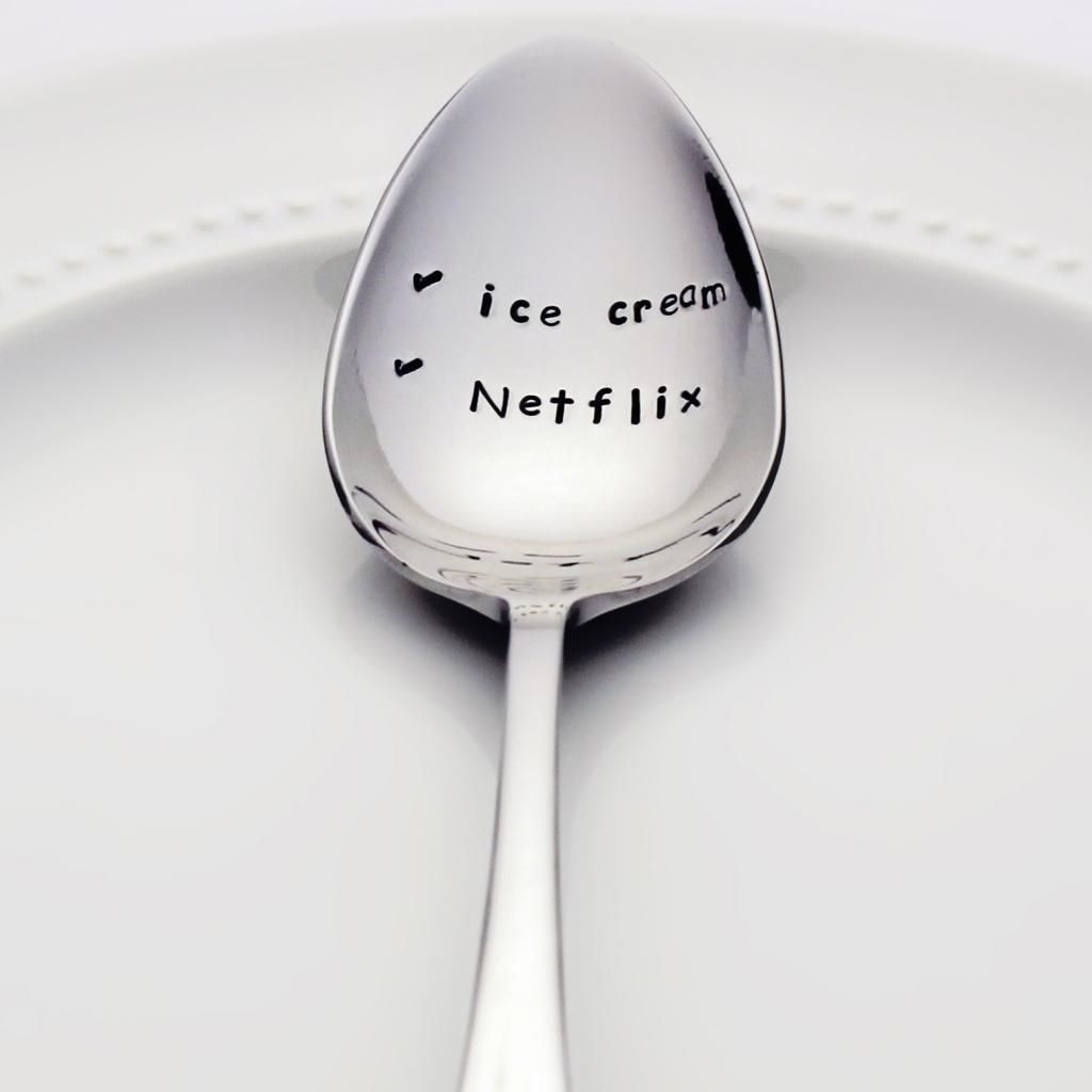 ice cream spoon, Netflix, late night snacks, munchies, stamped spoon, stainless steel spoon, bon vivant, unique gift, foodie gift, Ben and Jerrys