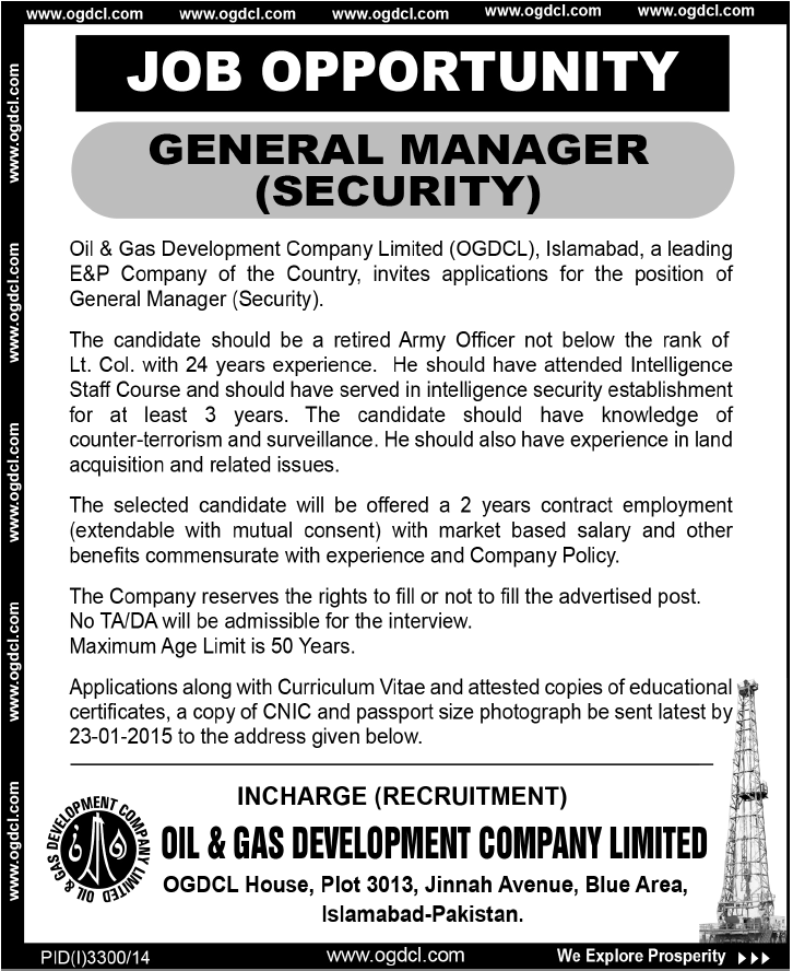 GM Security Jobs In OGDCL Apply By 23-01-15 