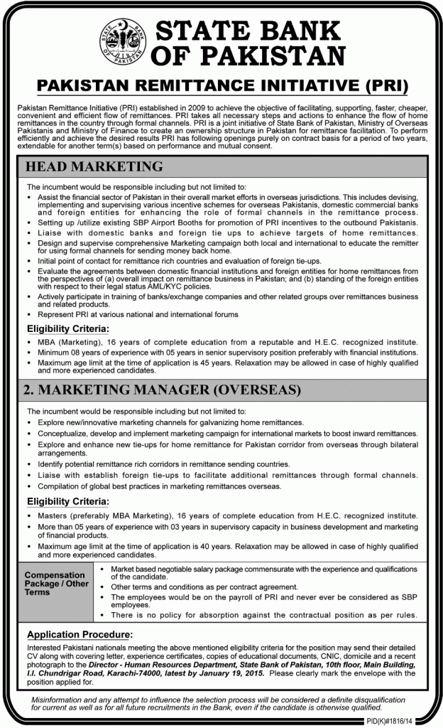 Jobs SBP Pakistan Remittance Initiative (PRI) 19-01-15 