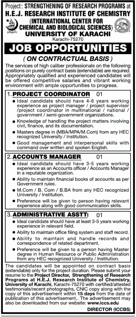 Contractual Jobs In HEJ Research Institute Karachi 