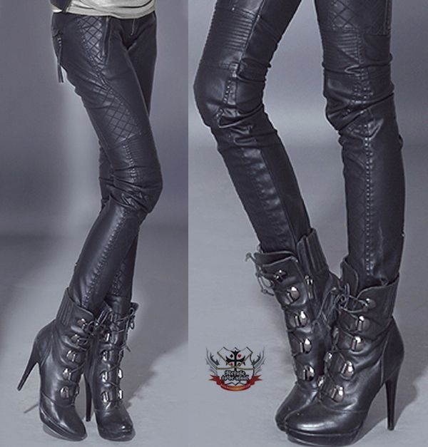 Punk-Rock-Armor-Motorcycle-Biker-Quilted-PU-Vegan-Leather-Skinny-Pants-S-M-L-XL