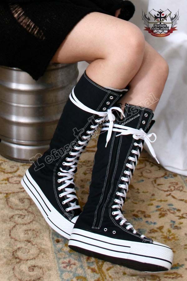 20 Hole Japan Punk Emo Knee Hi Flat 15 Platform Thick Sole Canvas