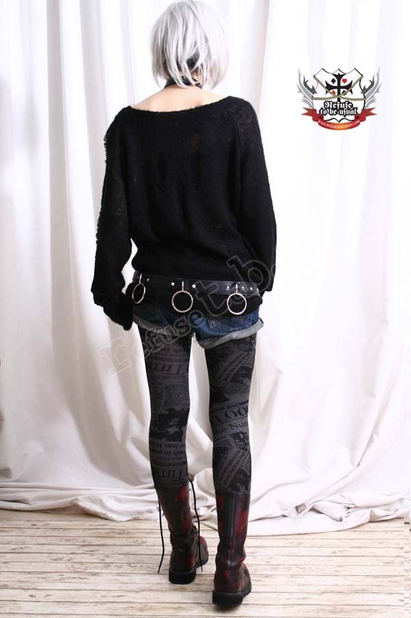 Punk emo Newspaper Printed Opaque 120 Den Tight Legging eBay