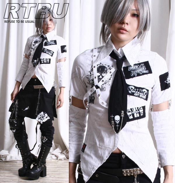 Gothic-Punk-Slim-Fit-Patch-Button-Front-Swallow-Tail-Shirt-Sleeve-Neck-Tie-4PC