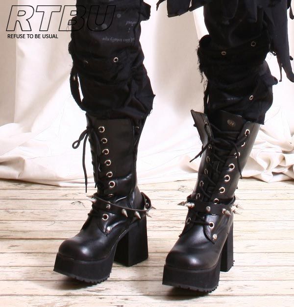 Gothic-Punk-9-Hole-Biker-Laceup-Calf-Platform-Chunky-Heel-Boot-Mahogany-Maroon