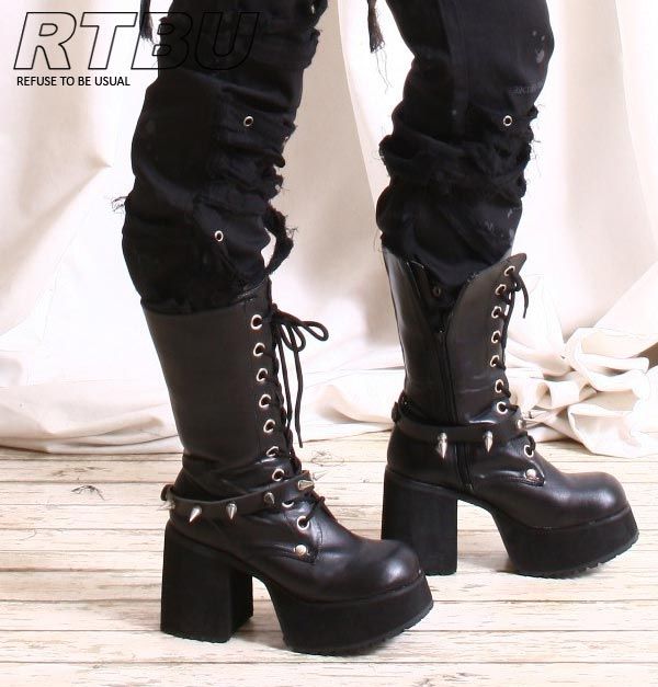 Gothic-Punk-9-Eyelet-Motorcycle-Laceup-Calf-Platform-Chunky-Hi-Heel-White-Boots