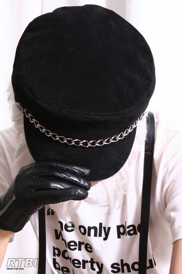 NANA Genuine Suede Leather Punk Goth Police Military Army Hat Cap Chain