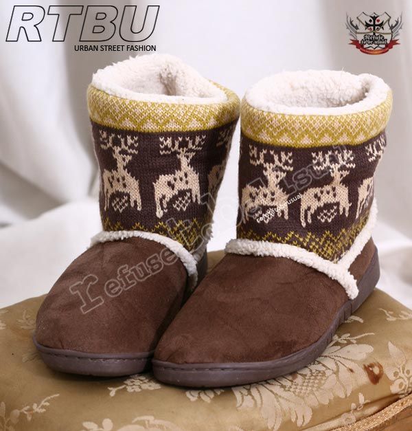 REINDEER-Suede-Nordic-Knit-Boot-Slipper-Fleece-BROWN