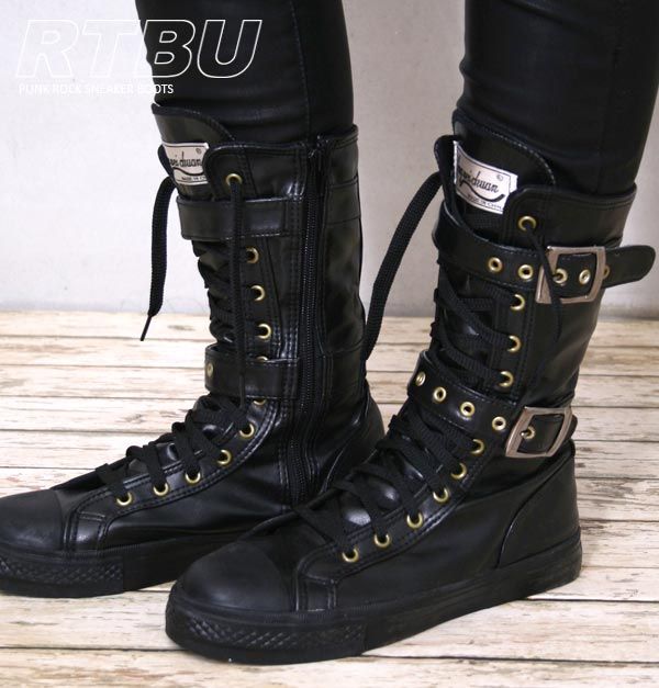 Unisex-Punk-Buckle-Strap-Faux-Leather-Calf-Sneaker-Boot