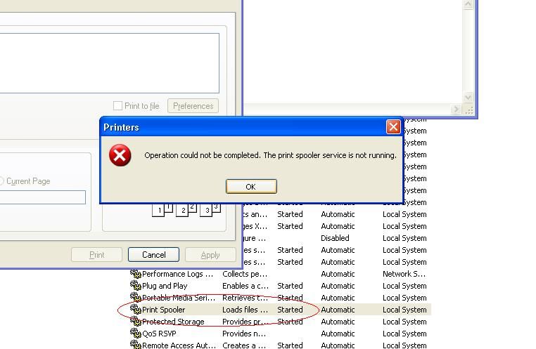 It even says "Print Spooler Service" is not running even as Services.exe shows that it is. I have stopped the service, started it, rebooted.