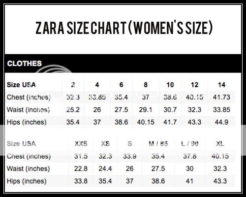 size chart zara woman
