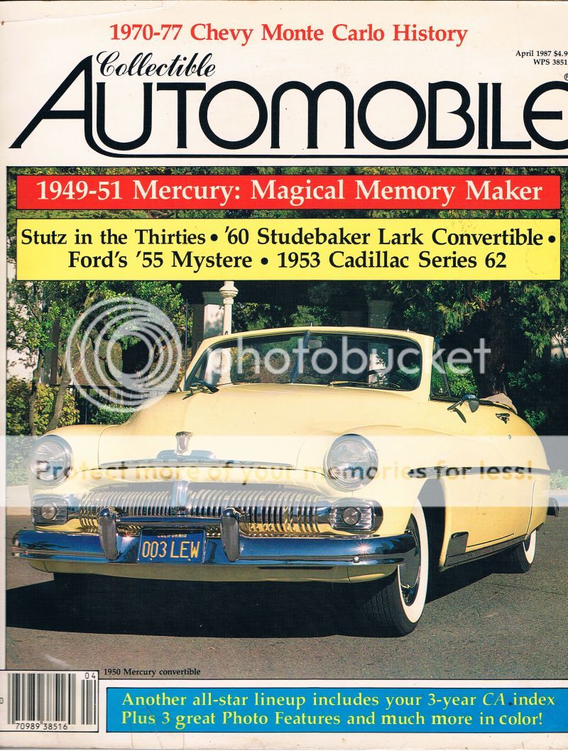   AUTOMOBILE APRIL 87 MONTE CARLO MERCURY LARK MYSTERE CADILLAC STUTZ