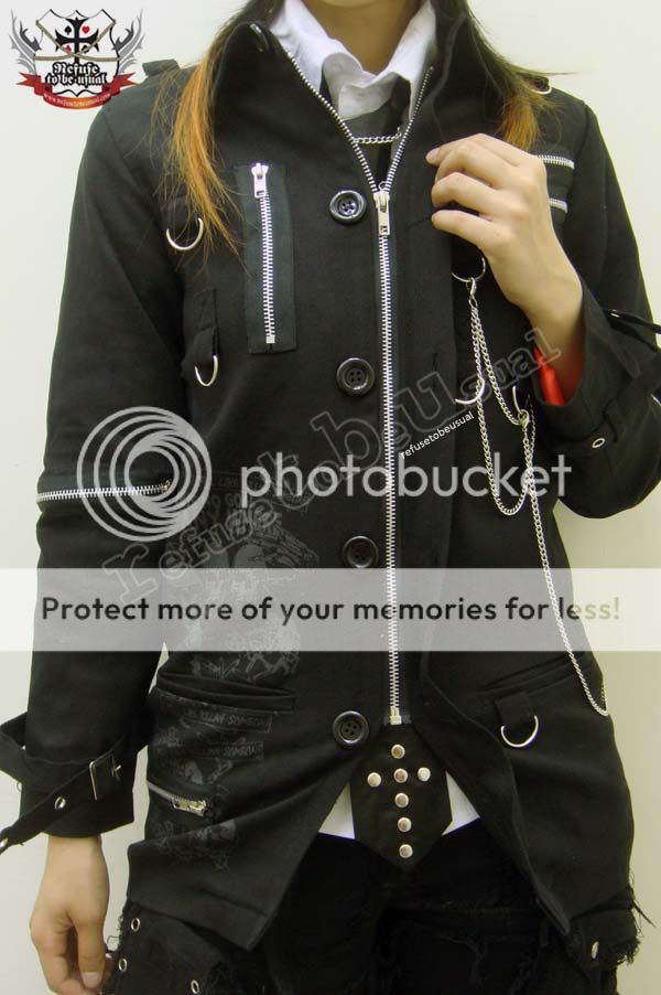 Gothic Duke Punk Pocket Chain Zip Blazer Denim Jacket M  