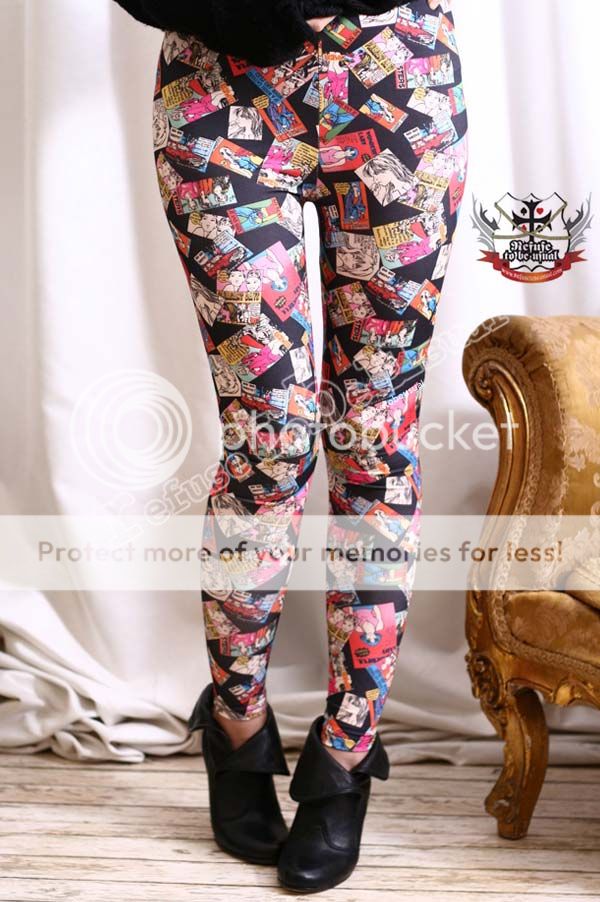 Punk emo URBAN POWER Comic Strip Cartoon Stamp Leggings  