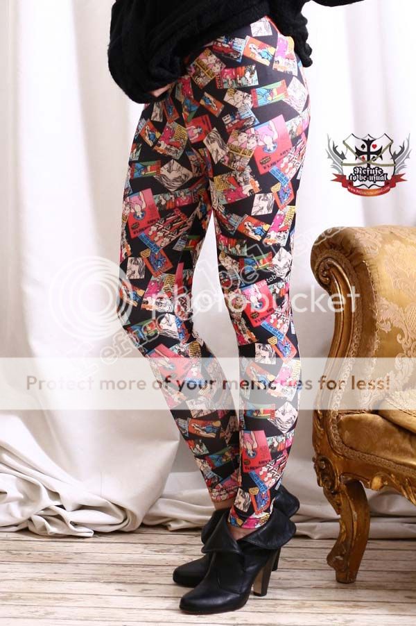 Punk emo URBAN POWER Comic Strip Cartoon Stamp Leggings  