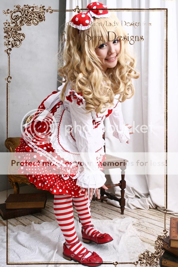 Sweet Lolita Cosplay Kawaii Maid Polkadot Dress+Apron+Puffy Bow Tie 