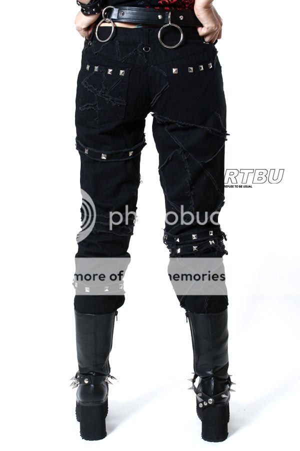 Gothic Punk Unisex Dry Crack Patch Denim Jeans Pants Metal Stud Frayed