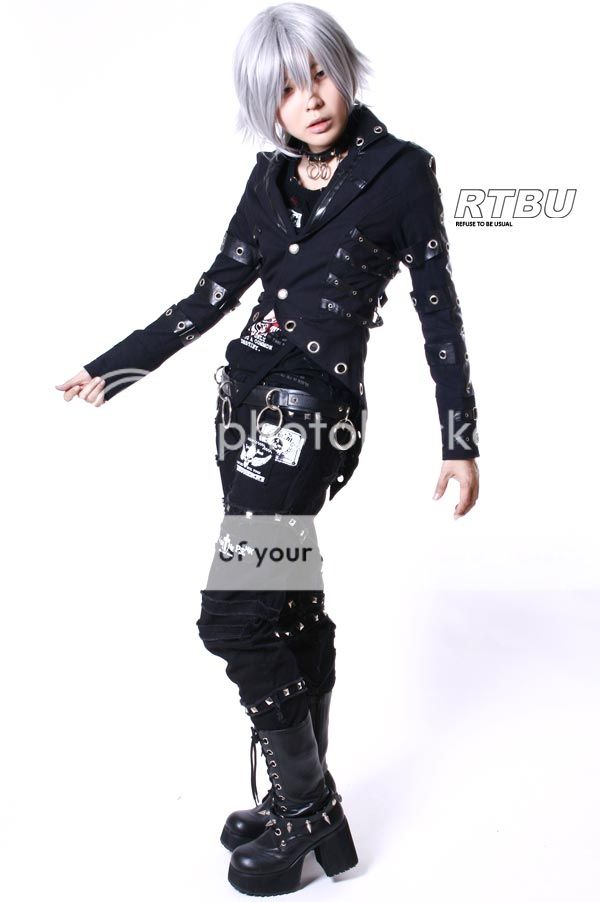 Noir Gothic Punk Robot Rib Cage Grommet PU Leather Strap Tail Coat 