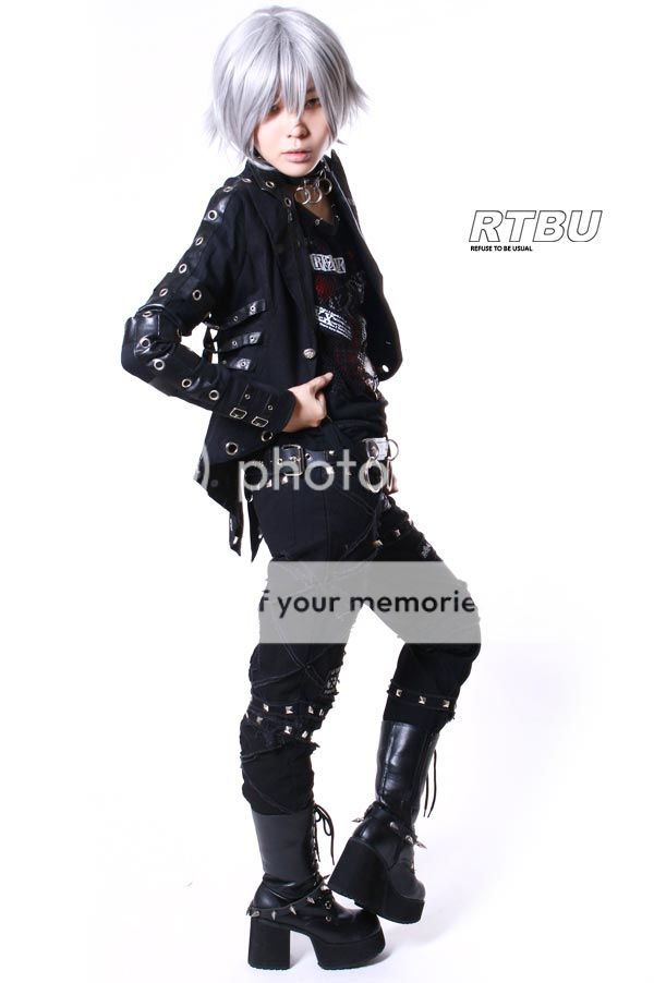 Noir Gothic Punk Robot Rib Cage Grommet PU Leather Strap Tail Coat 