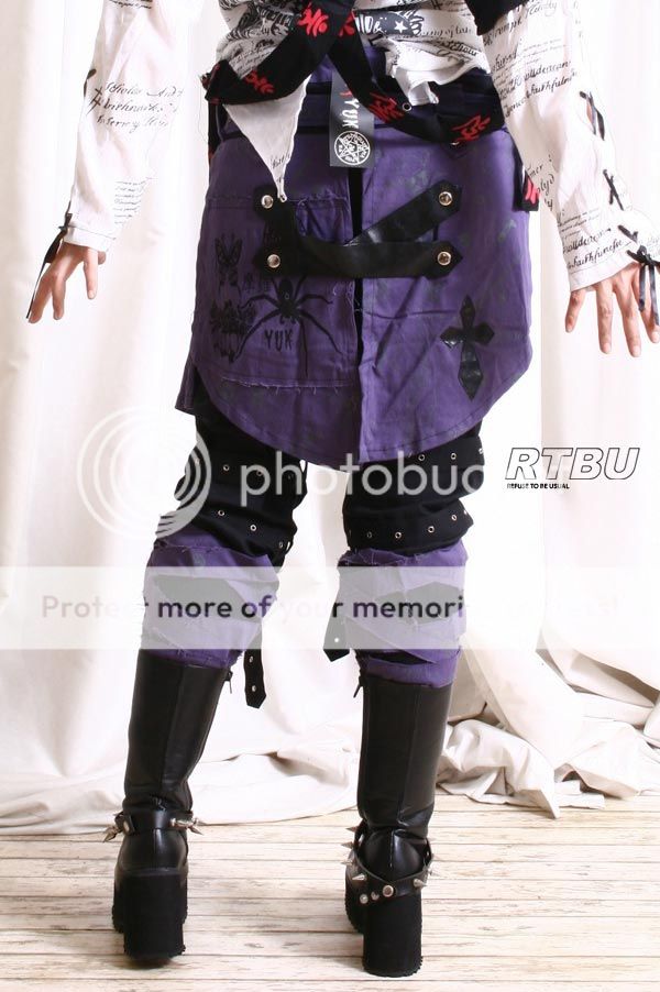 Men Goth Punk Mummy Spider Gear Pants Jean+Purple Sheild Pleated Skirt 