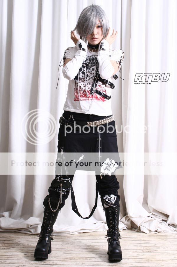 Gothic Punk Metal Applique PVC Strap Shirt+Arm Warmer Thick Jersey