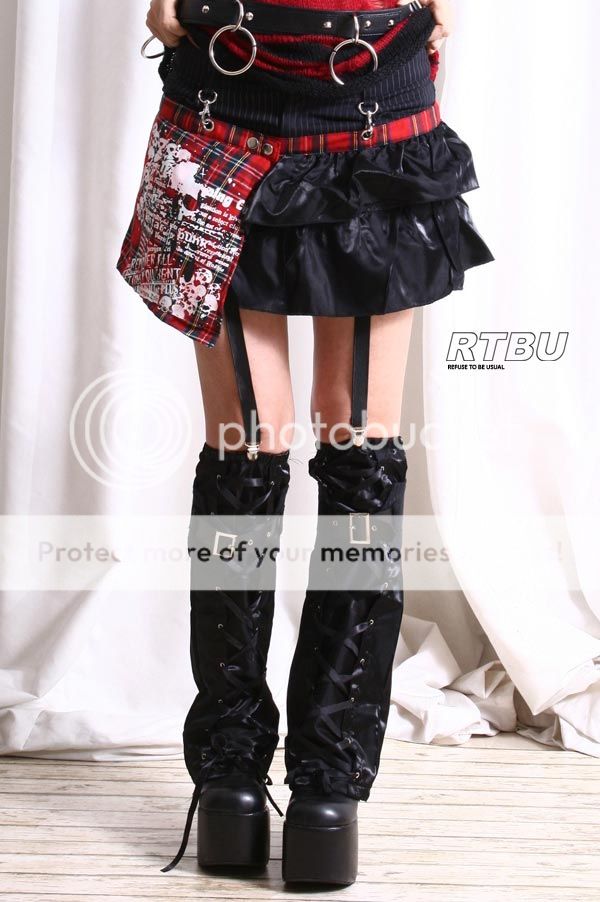 Punk Goth Stretchy Pinstripe Mini Skirt+Frilly Teired Wrap+Leg Warmer 