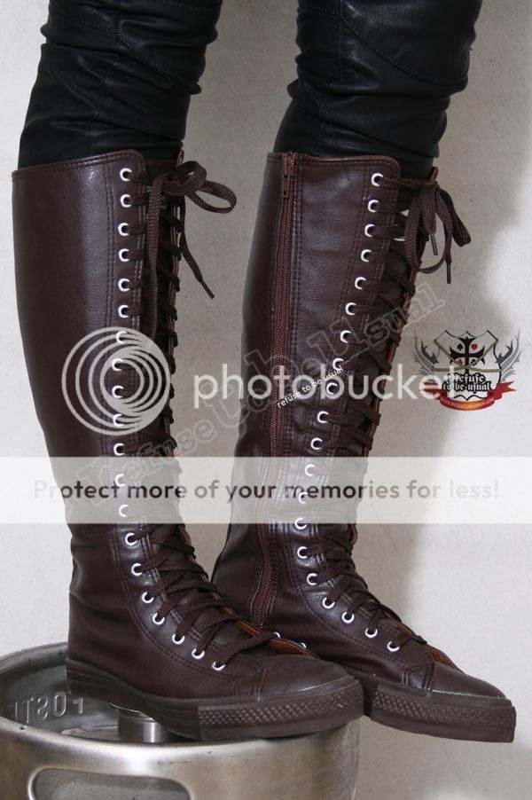 Unisex Punk Vegan Faux Leather Knee Sneaker Boot Brown  