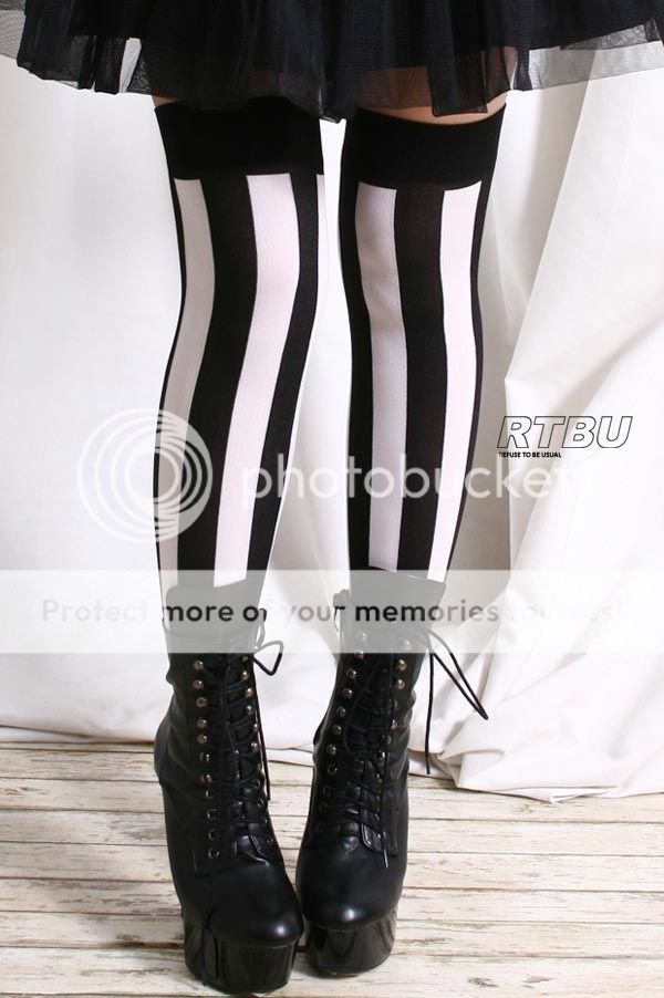 Punk EMO Gothic Black White Wide Verticle Stripe Burlesque Thigh Hi ...