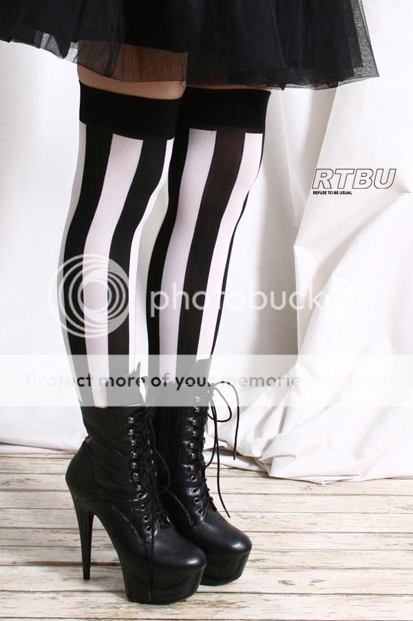 Punk EMO Gothic Black White Wide Verticle Stripe Burlesque Thigh Hi ...