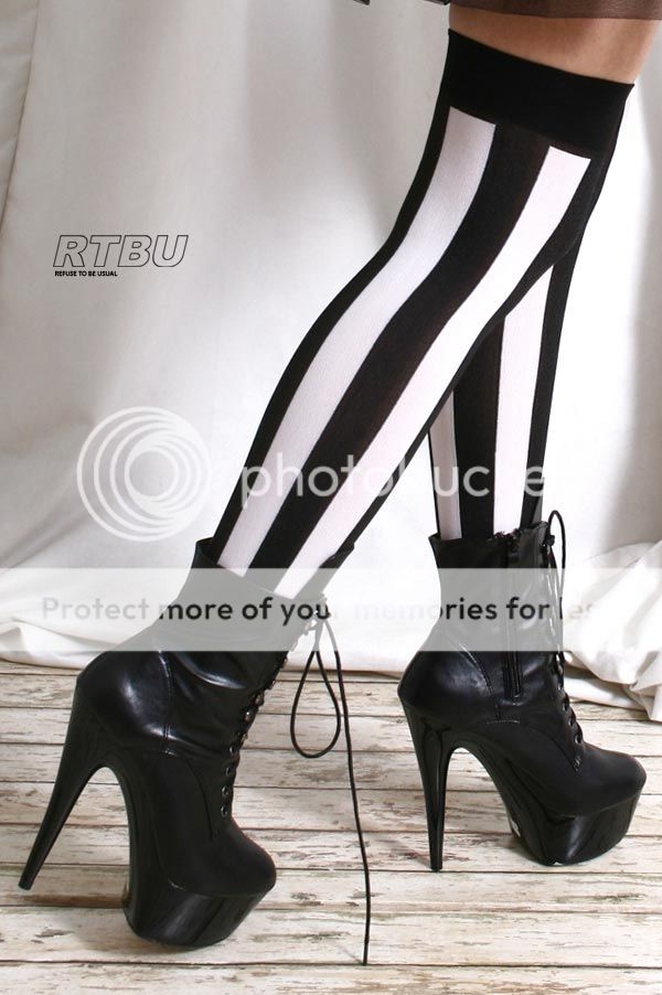 Punk EMO Gothic Black White Wide Verticle Stripe Burlesque Thigh Hi ...