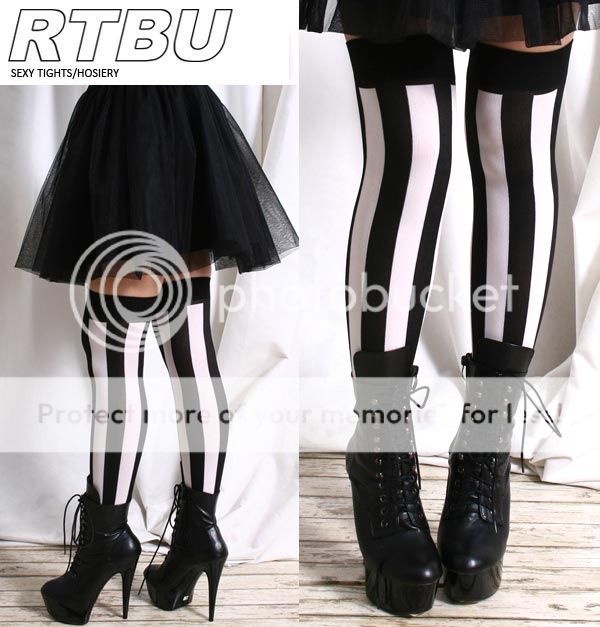 Punk EMO Gothic Black White Wide Verticle Stripe Burlesque Thigh Hi