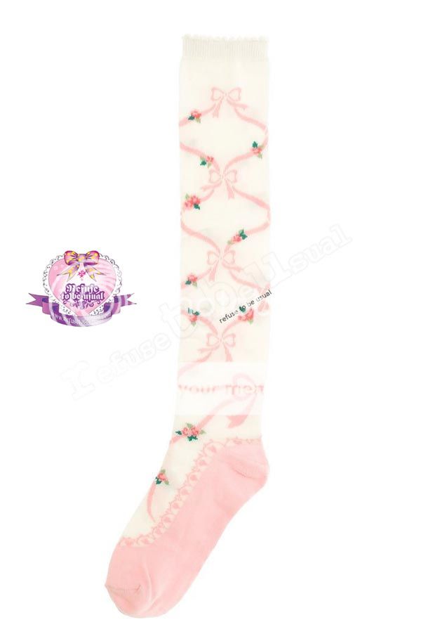 Garden Lolita Crossing Argyle Brown Ribbon Ballerina Over knee Socks 